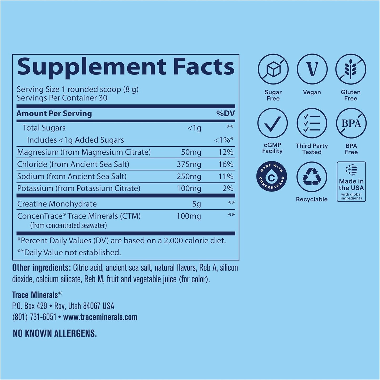 Trace Minerals Research - Hydro Pak Creatina + Electrolitos, Sin sabor