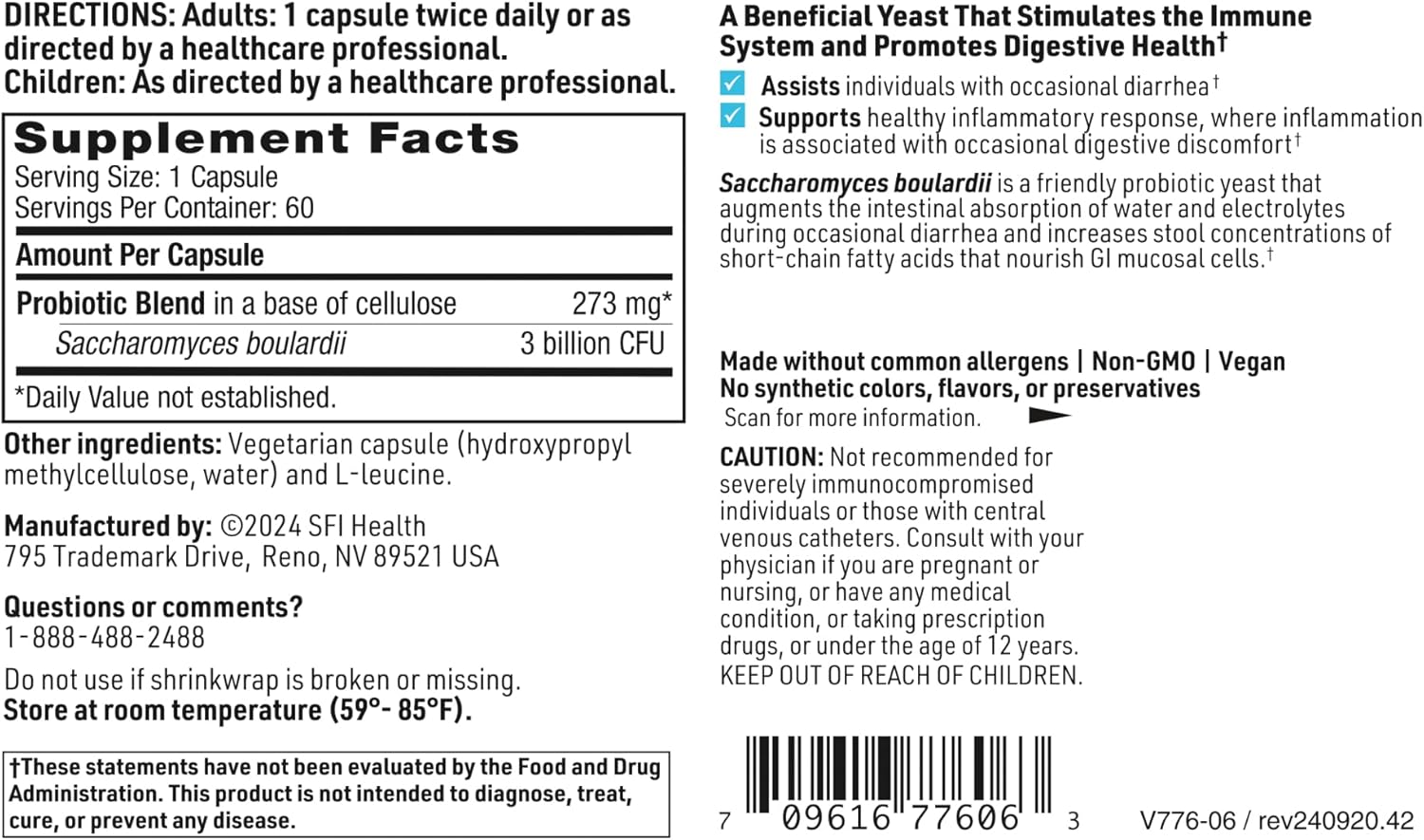 SFI Health Ther - Biotic® Saccharomyces Boulardii Probiotic Yeast Formula - 60 Capsules - Kallpay