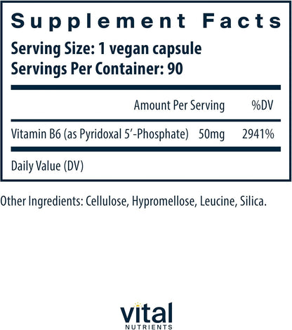 Vital Nutrients Pyridoxal - 5 - Phosphate 50mg with Active form of Vitamin B6 - Kallpay